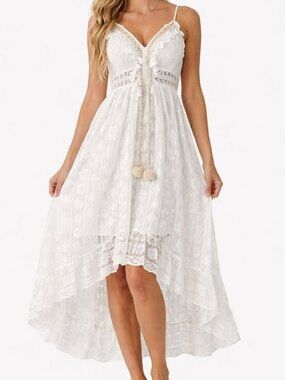 Pom Pom Tassel White Lace Maxi Dress